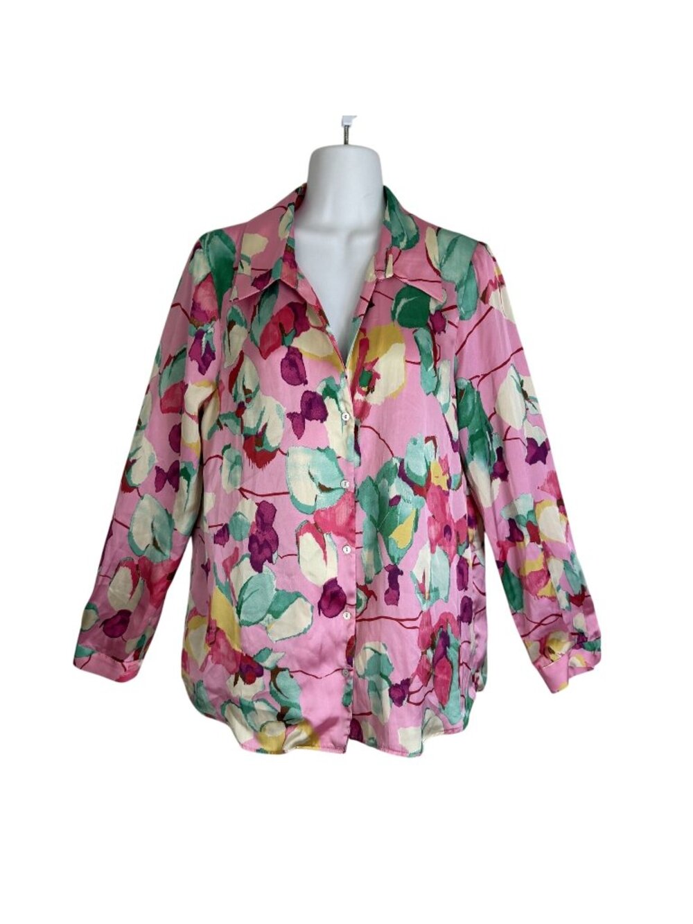 Zara Pink Floral Satin Multicolor Blouse Size Small Button up Top Office Core